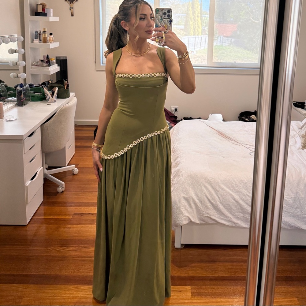 Olive Green Maxi Dress with Decorative Trim